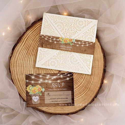 rustic sunflower mason jar and string lights barn wedding invitations CWIL52